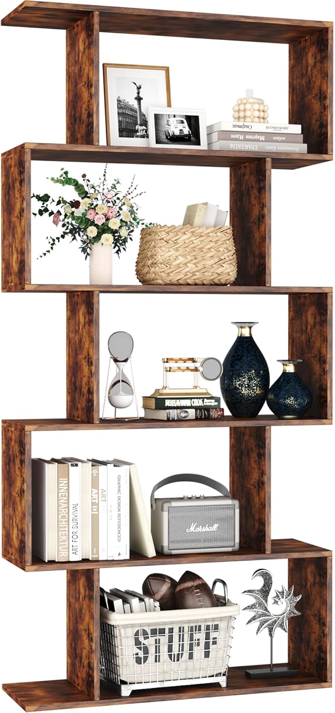 Yusong Bookshelf 5-Tier, Geometric Bookcase S Shaped Book Shelves by Yusong