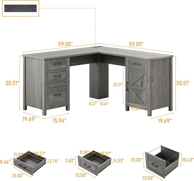 59” L Shaped Executive Desk with Power Outlets, Farmhouse Home Office Desk - Image 2