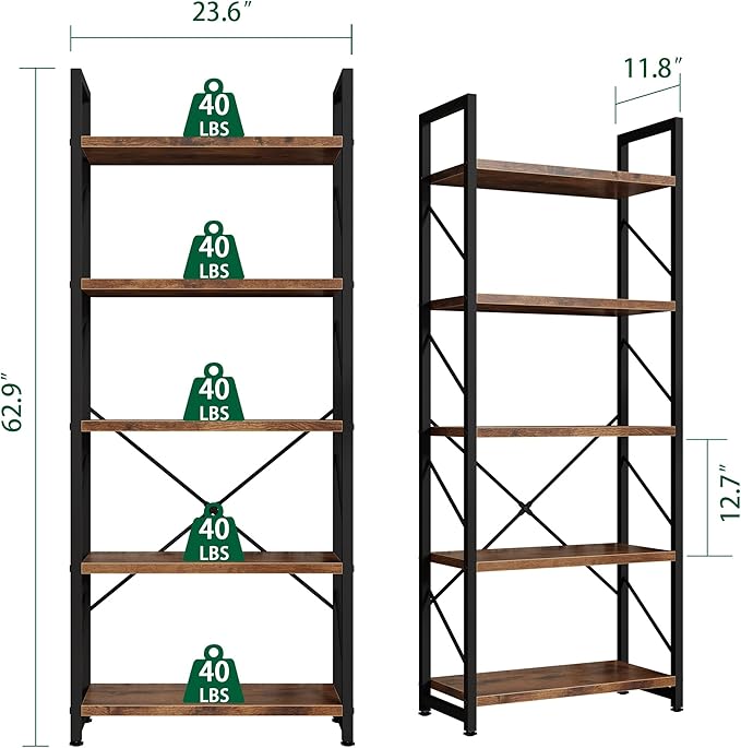 Shintenchi 5 Tiers Bookshelf, Classically Tall Bookcase Shelf, Industrial Book - Image 2