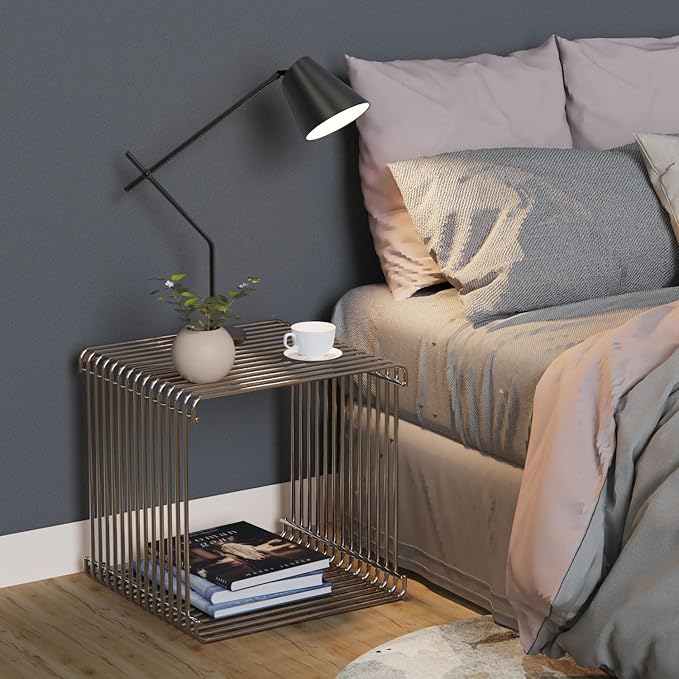 Square Geometry Retro Side Table Prime-Stainless Steel Linear Metal End Table - Image 3