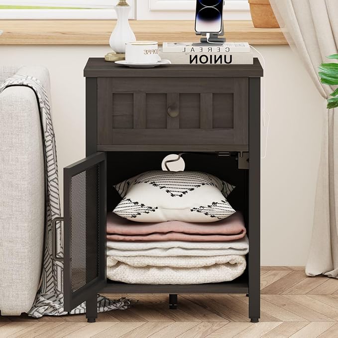 FATORRI End Table with Charging Station, Farmhouse Side Table with Drawer - Image 4