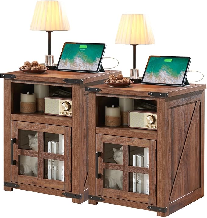 Farmhouse Nightstand with Charging Station, Rustic End Table with Tempered by Barnyatoh