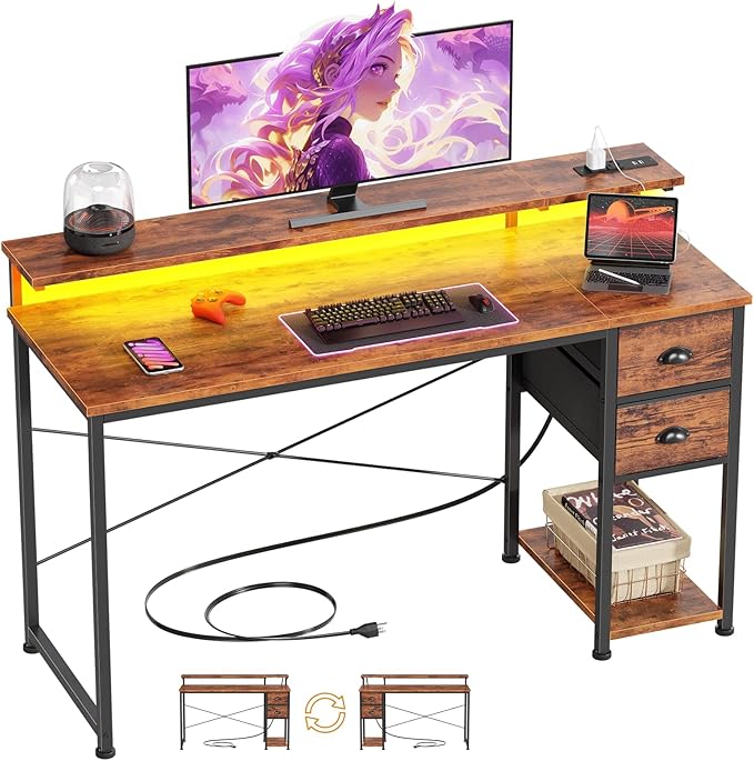55 Inch Computer Desk with Power Outlets & LED Lights, Home Office Desk with by Korfile