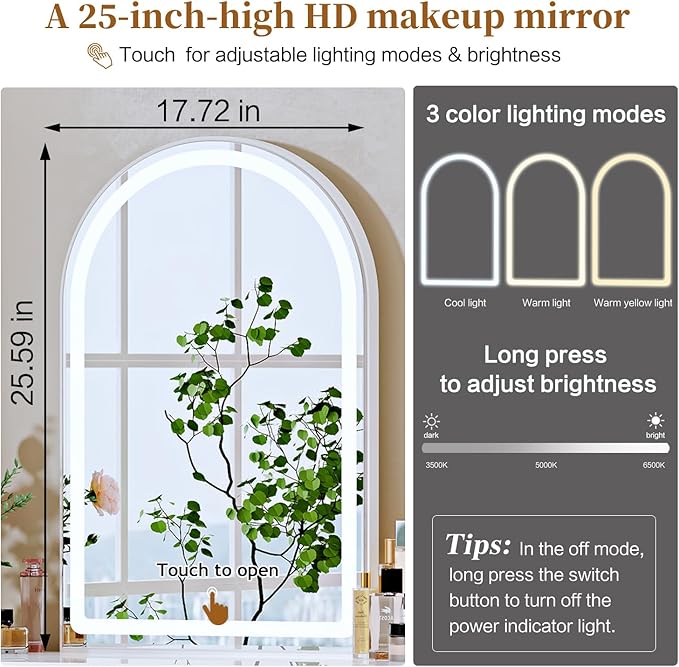 White, Vanity Desk with Mirror and Lights, Makeup Vanity with Power Outlet and - Image 5