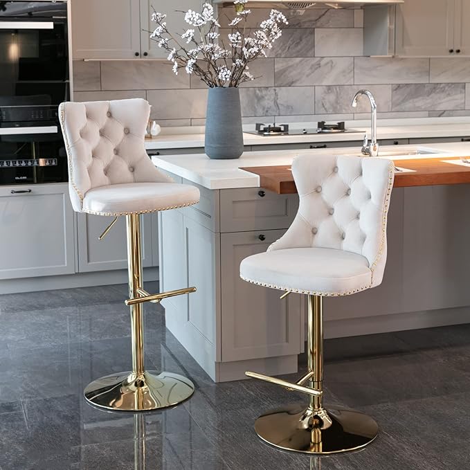 PacknWood Acosure Golden Swivel Velvet Barstools Adjusatble Seat Height from - Image 5