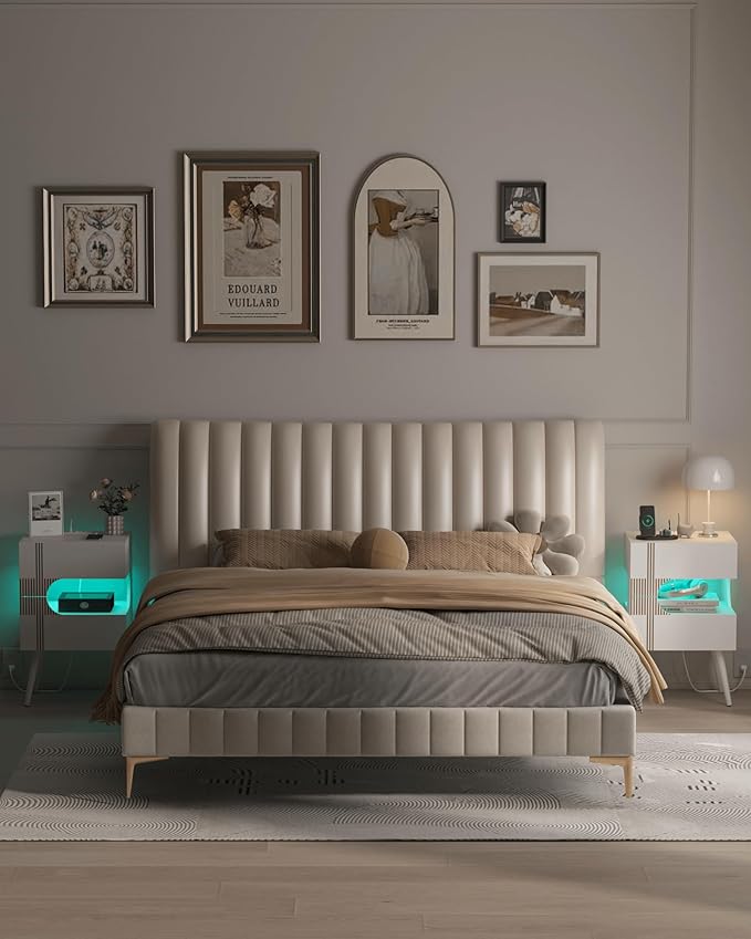 White Nightstand with Charging Station and LED Lights, Modern Bedside Table - Image 8