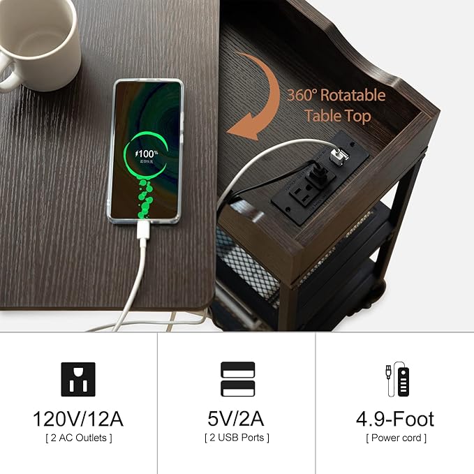 Hadulcet End Table with Charging Station & Rotating Top, Couch End Table - Image 5