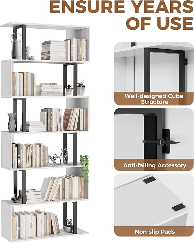 Gadroad 6 Tier Geometric Bookcase, S Shaped Bookshelf, Wood Decorative Storage - Image 4