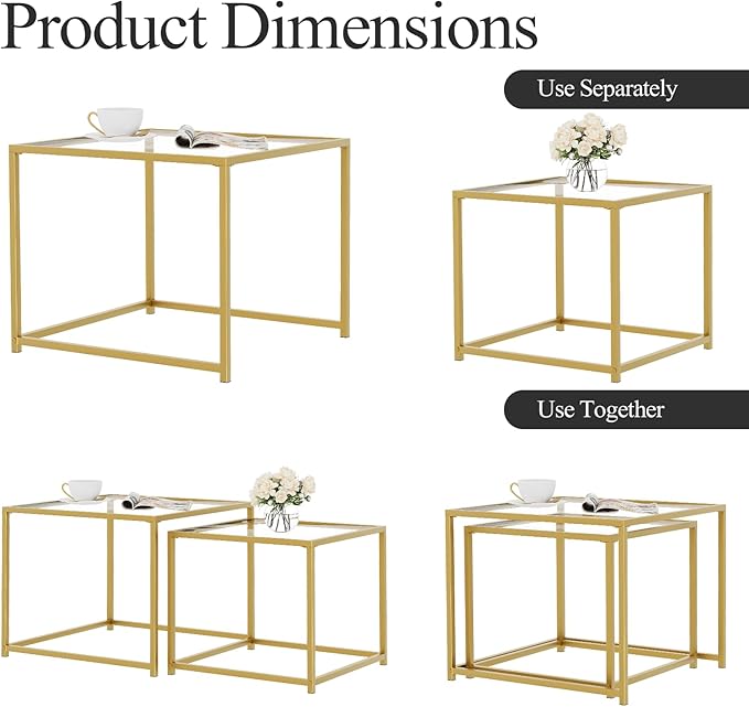 VILAWLENCE Coffee Table Set of 2, Modern Gold Glass Side Table, Metal Frame - Image 7