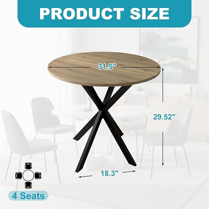 31.5" Round Dining Table for 4, Modern Small Dinner Table Farmhouse Round - Image 2