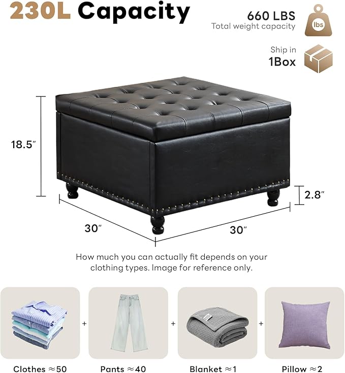 Tbfit Large Square Storage Ottoman Bench, Button Tufted Coffee Table, Oversized - Image 2
