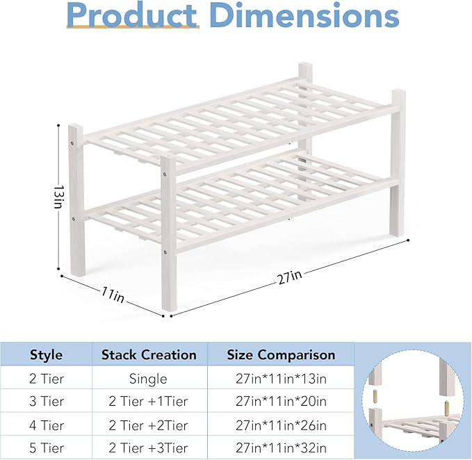 Haddockway 2 Tier Bamboo Shoe Rack Storage Organizer, Small Space 27"x11"x13" - Image 3