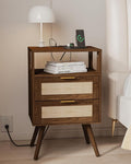 Rattan Nightstand with Charging Station, Farmhouse Bedside Table with 2 Storage by JOONEE