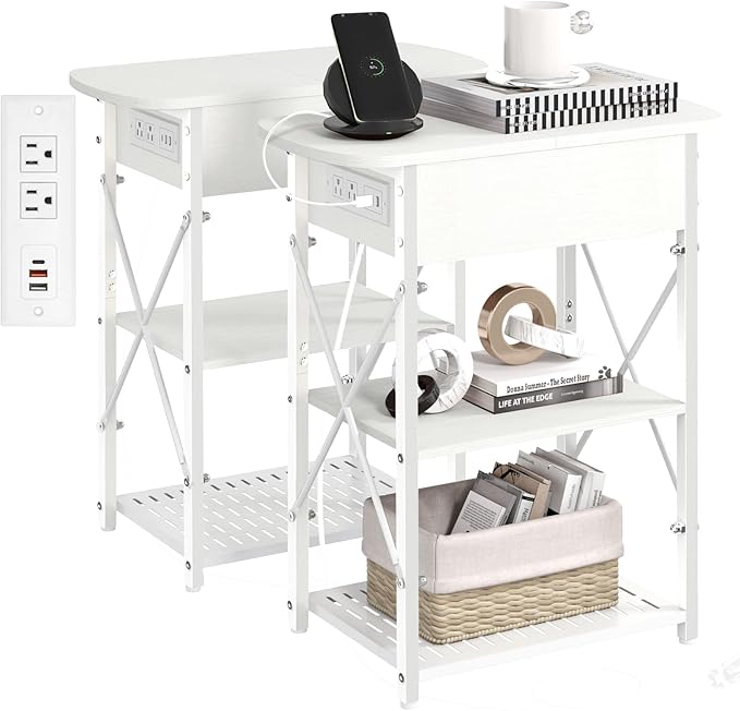 Narrow End Table with Charging Station, Side Tables Set of 2 by Livofloral