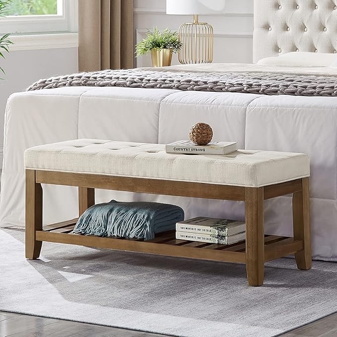 24KF Large Rectangular Upholstered Tufted Linen Ottoman Bench, Padded Bench by WEMARTHOMEDECOR