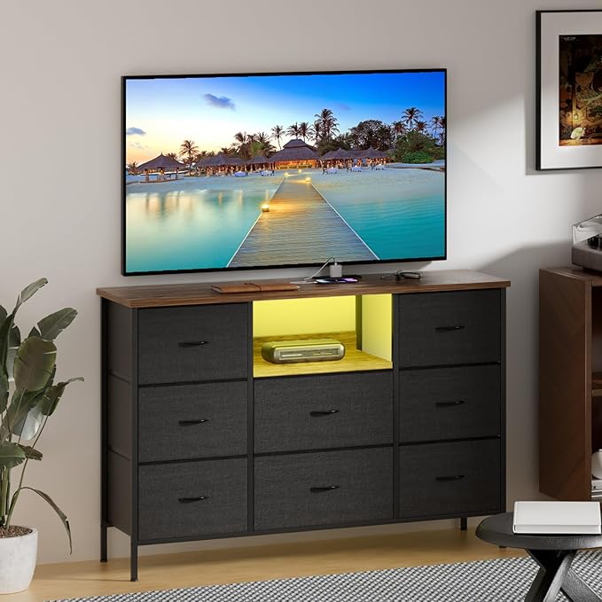 Black Dresser with LED Lights & Power Outlets, Dresser TV Stand with 8 Drawers by VASICAR