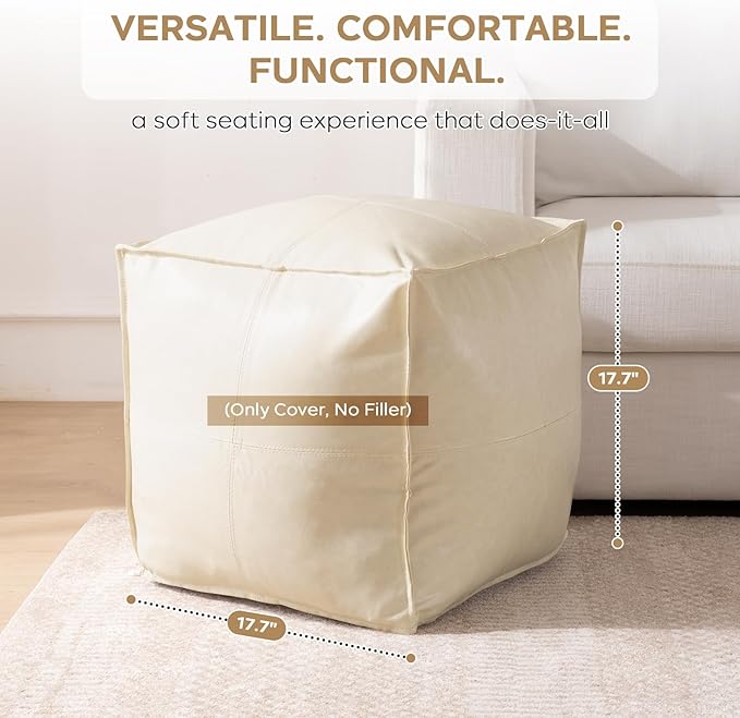 17.7" Square Unstuffed Pouf Ottoman Cover, Pu Leather Poufs Cube Foot Stool - Image 2