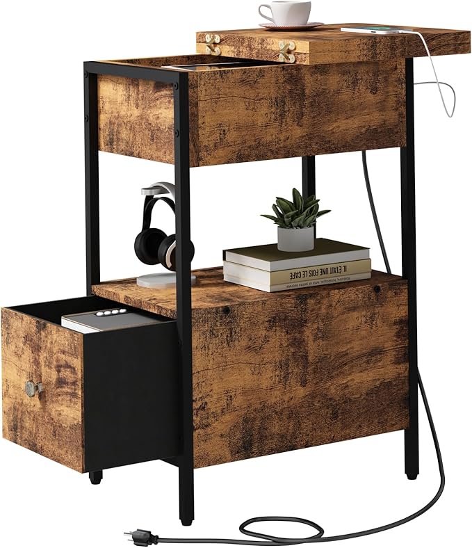SOOWERY End Table with Charging Station, Narrow Side Table with Flip Top by SOOWERY