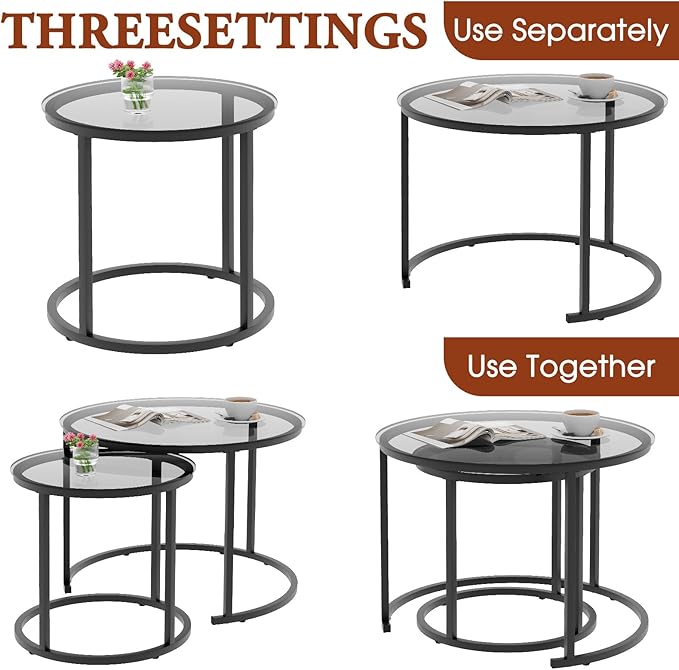 aboxoo Nesting Coffee Table Grey Glass Table Set of 2, Small Round Glass - Image 6