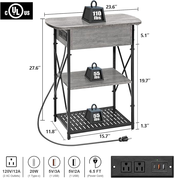 Narrow Side Table with Charging Station, End Tables Set of 2 - Image 3