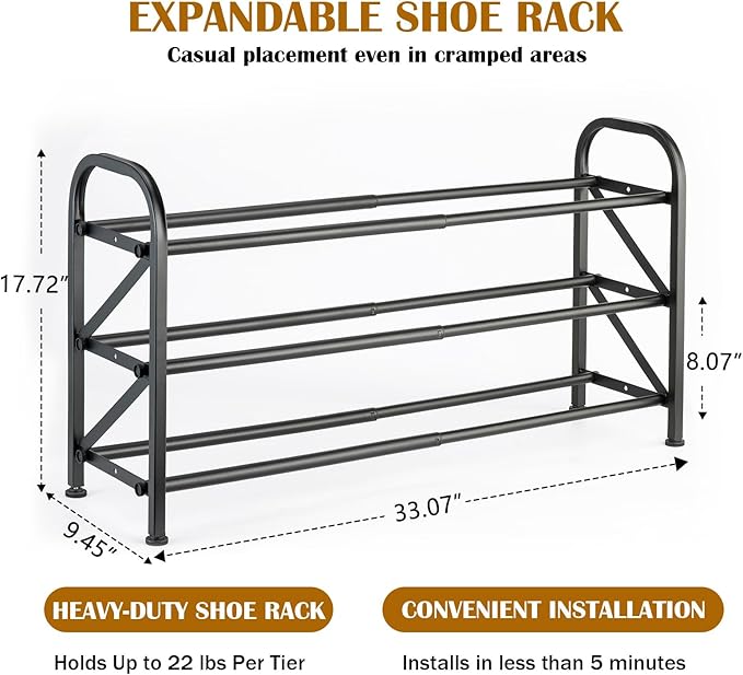 3-Tier Expandable Shoe Rack for Closet，Adjustable Shoe Rack，Black Metal Free - Image 3
