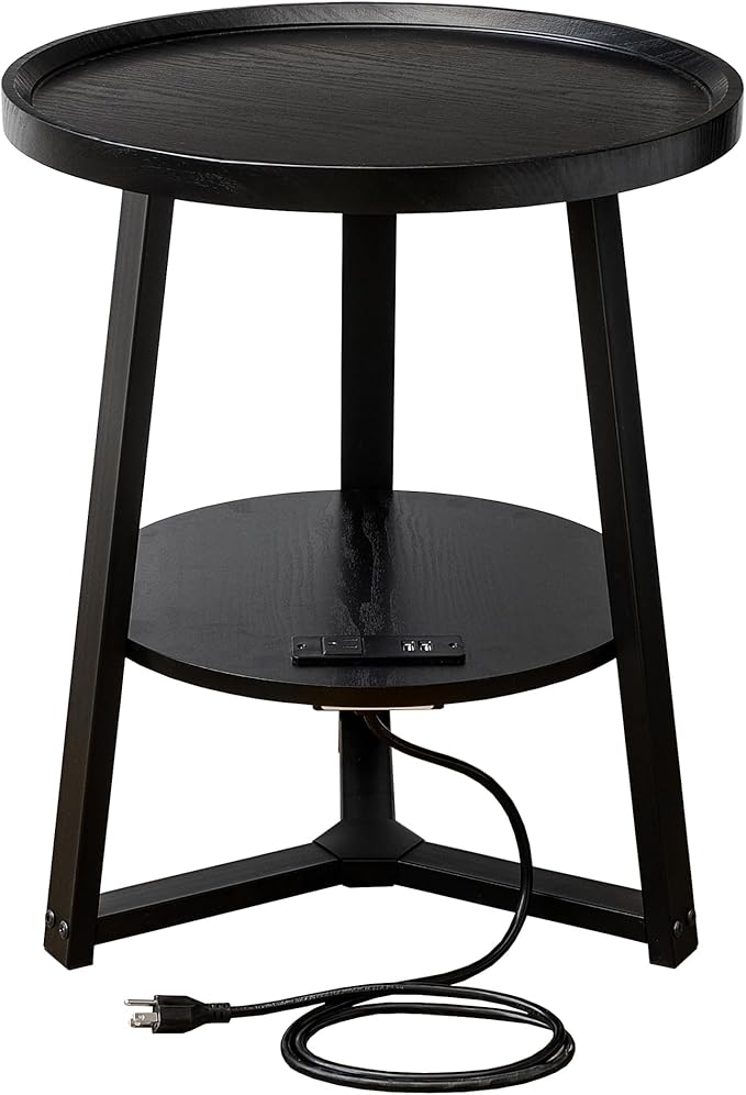 Round End Table with Charging Station, 19.7" Dia x 23.63" H, Side Table with by KJGKKHOME