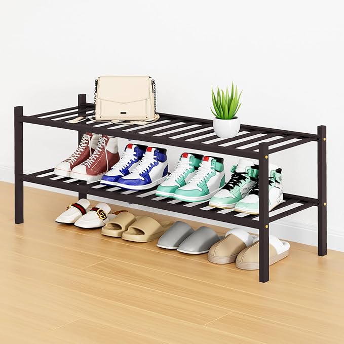 Smiry Shoe Rack, 2 Tier Long Bamboo Shoe Organizer, Stackable Free Standing by Smiry