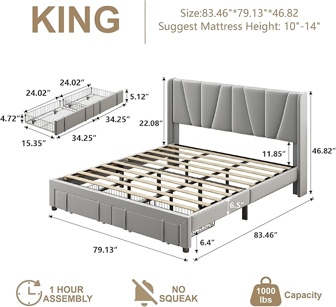 King Bed Frame with Storage Drawers, Upholstered Platform Bed with Headboard - Image 2