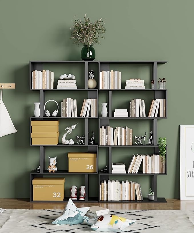 Gadroad 5-Tier Geometric Bookcase, S Shaped Bookshelf, Wood Decorative Storage - Image 2