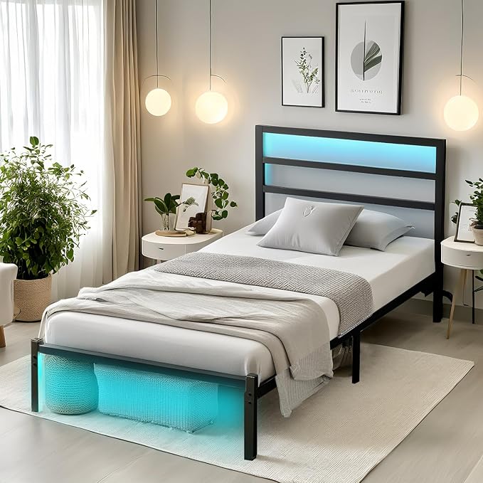 Twin Bed Frame with Headboard, Heavy Duty Steel Slats Support-LED Bed Frame by CLIBFENG