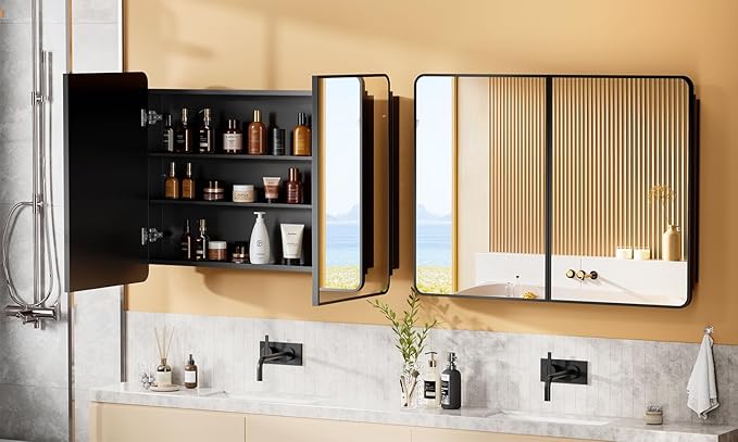 40x30 Inch Black Medicine Cabinet Mirror Metal Framed Recessed Bathroom - Image 4
