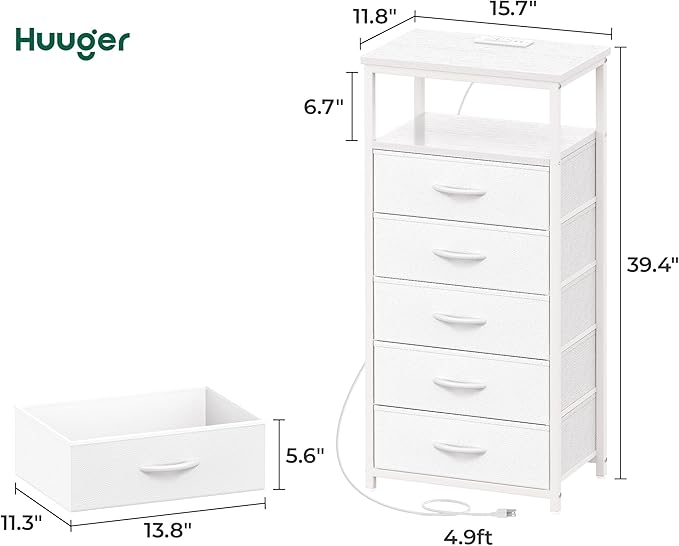 Huuger White Dresser with 5 Drawers & Charging Station, Tall Dresser - Image 3