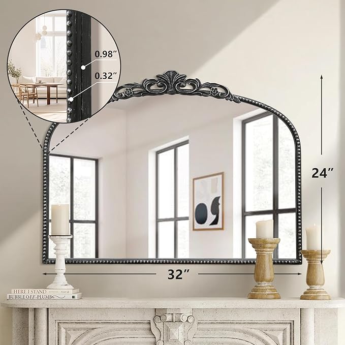 Micasso Black Vintage Wall Mirror: 24"x 32" French Baroque Antique Arched Wall - Image 4