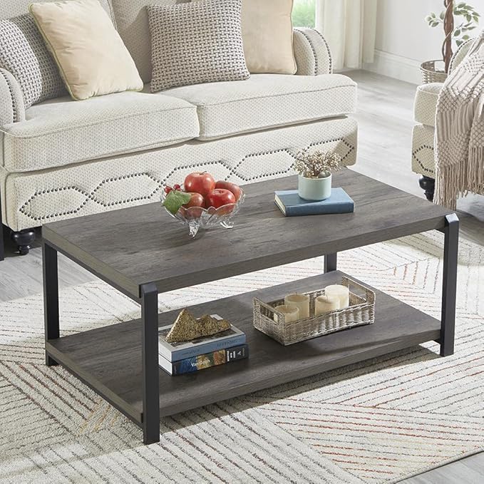 EXCEFUR Coffee Table with Storage Shelf, Rustic Wood and Metal Cocktail Table by EXCEFUR