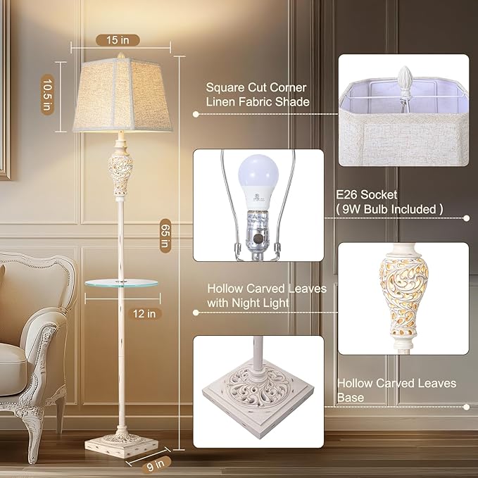 Vintage Floor Lamp with Nightlight and Glass Tray, Farmhouse Standing Lamp with - Image 2