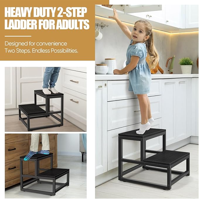 Wood and Metal 2 Step Stool for Adults & Kids – Heavy Duty Rustic Step Stools - Image 4
