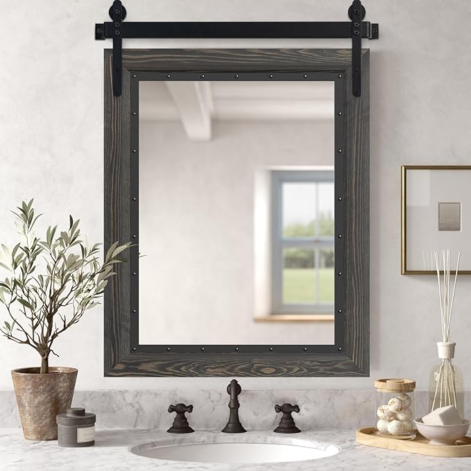 YOSHOOT Farmhouse Barn Door Mirror, Wood Frame Wall Mirror, Wooden Mirror by YOSHOOT