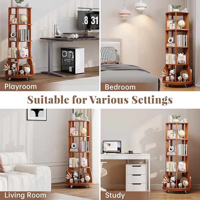 4 Tier Rotating Bookshelf with Brake Wheels, 360° Spinning Bookcase, Vertical - Image 7