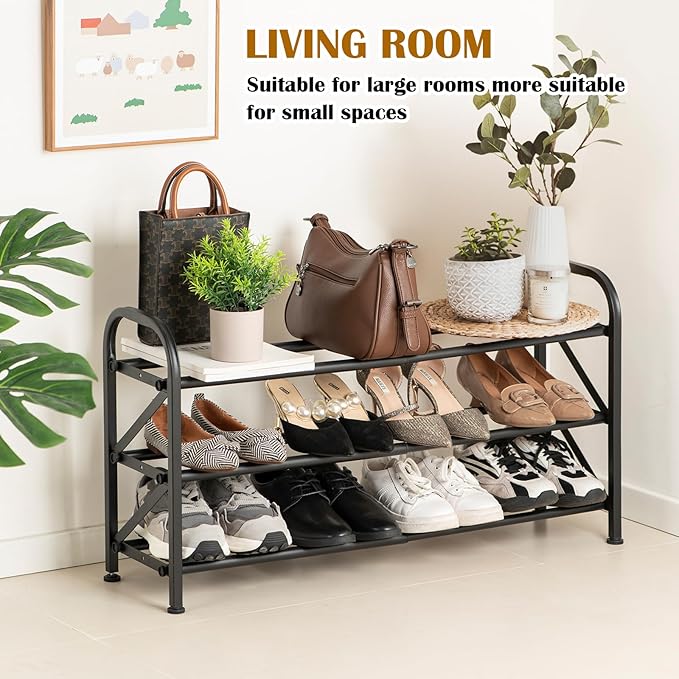 3-Tier Expandable Shoe Rack for Closet，Adjustable Shoe Rack，Black Metal Free - Image 4
