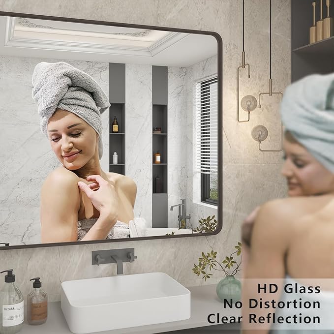 44x30 Bronze Bathroom Mirror, Brushed Metal Bathroom Vanity Mirrors - Image 3