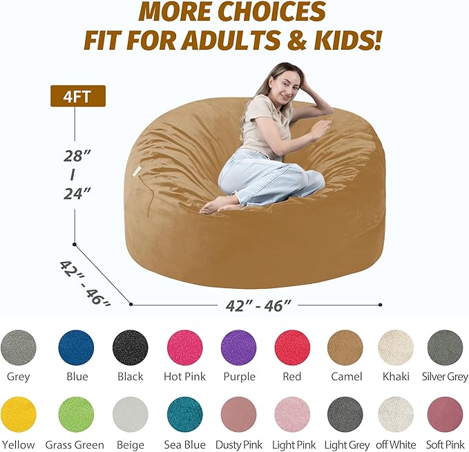 4FT Bean Bag Chair with Ultra Soft Velvet Cover Bean Bag Sofa with Memory Foam - Image 3