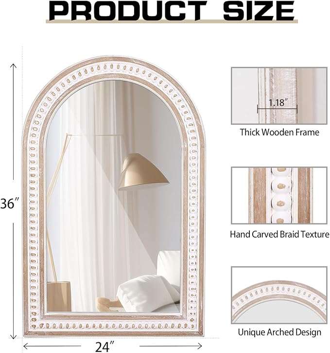 36x24 Boho Wooden Arched Wall Mirror - Image 6