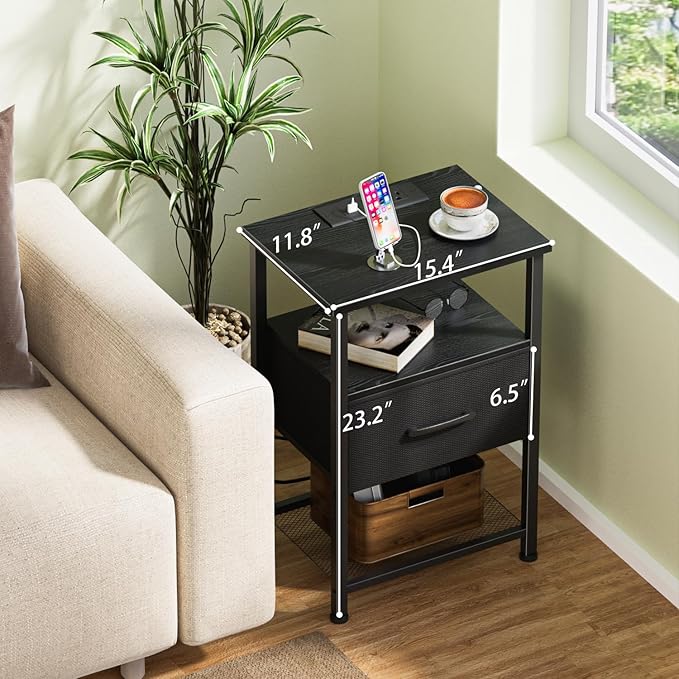 Nightstands Set of 2 with Charging Station and Drawer, End Table Bedside Table - Image 8