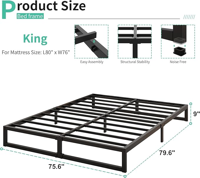 9 Inch King Bed Frame Sturdy Mattress Foundation, Heavy Duty Metal Platform - Image 2