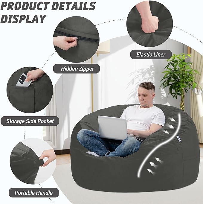 3FT Bean Bag Chair with Ultra Soft Velvet Cover Bean Bag Sofa with Memory Foam - Image 4