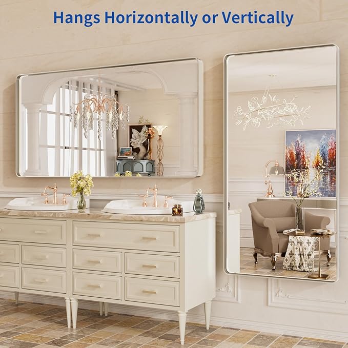 WEER 60X30 Inch Brushed Nickel Bathroom Mirror, Brushed Silver Metal Frame - Image 5