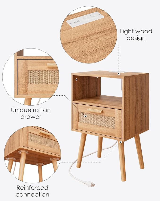 Rattan Nightstand with Charging Station, Small Night Stand, Side Table with - Image 8