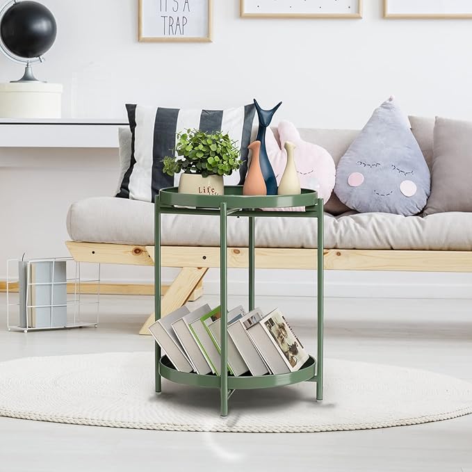 TeoKJ 2 Tier Green Side Table, Folding Round Metal End Table Small Nightstand - Image 7
