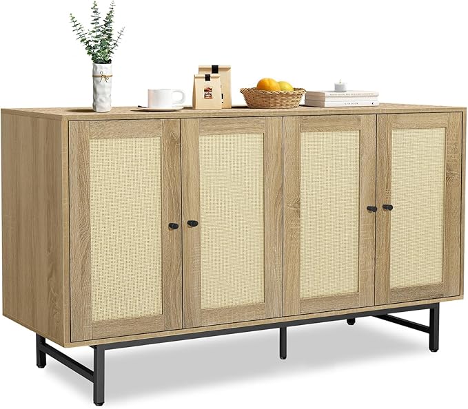 Sideboard Buffets Cabinet with 4 Rattan Doors, Large Storage Accent Cabinet by QuicMiou