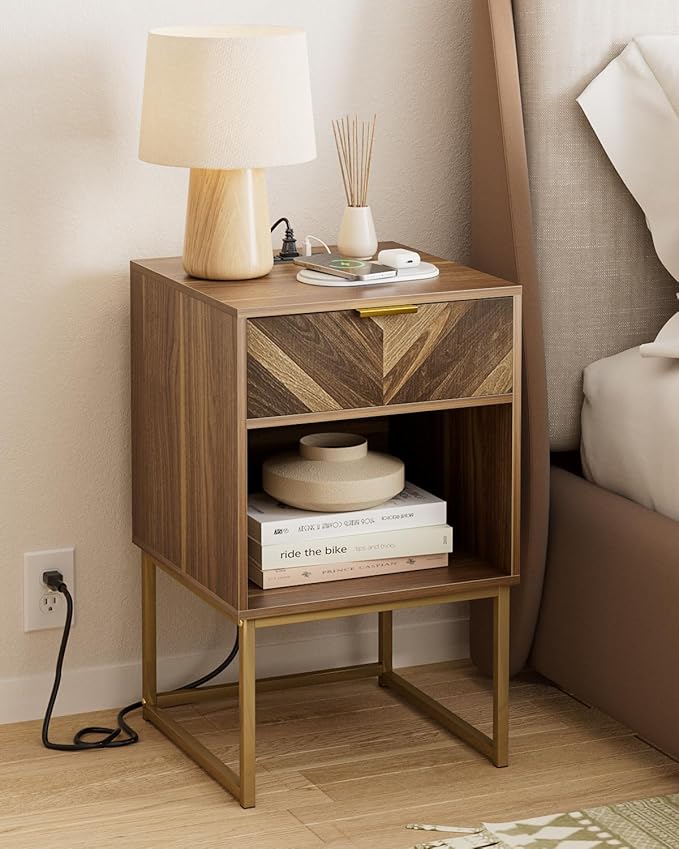 Nightstand with Charging Station, Modern Night Stand Boho Farmhouse Wood - Image 4